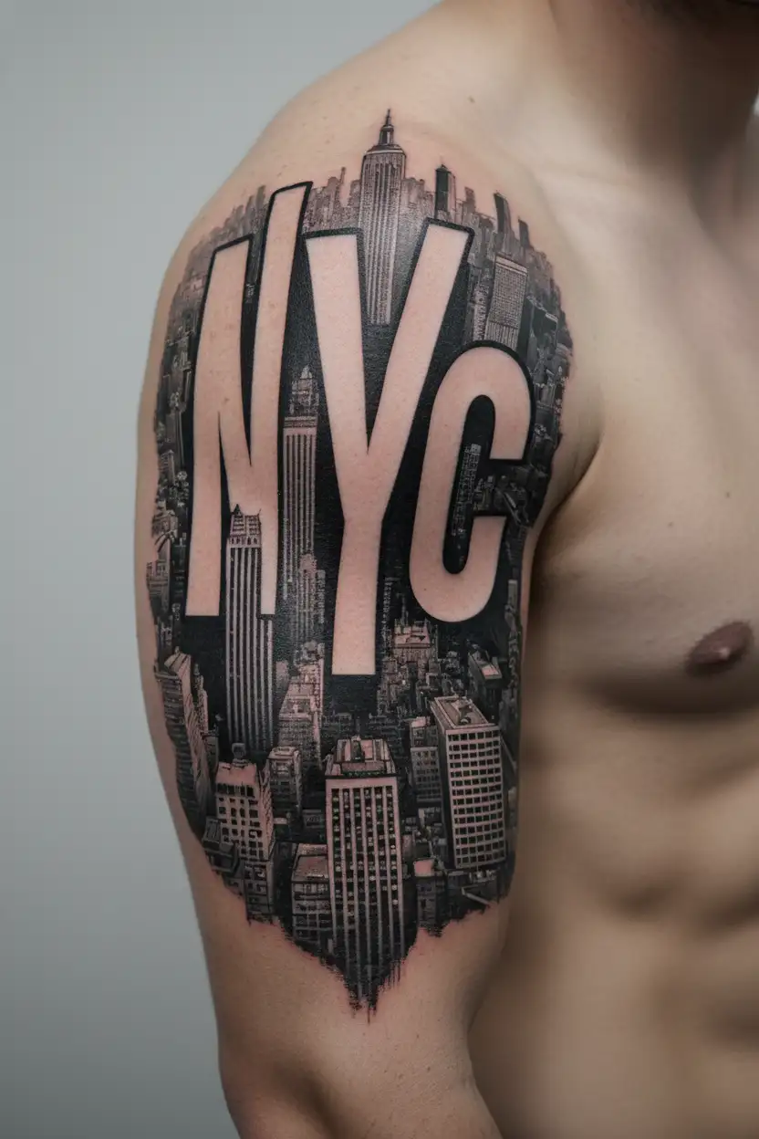 "NYC" New York skyline in the background tattoo design idea