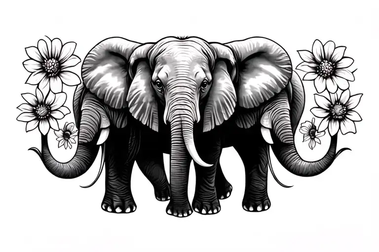 elephant family of 4 with 2 flowers in mothers trunk tattoo design idea