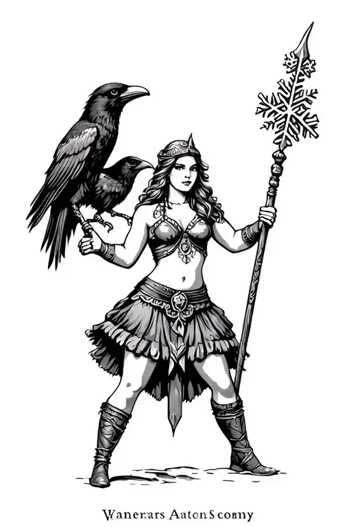 American traditional pin up viking goddess in skirt with plump buttocks holding a staff, raven and snowflakes tattoo design idea