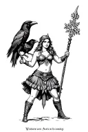 American traditional pin up viking goddess in skirt with plump buttocks holding a staff, raven and snowflakes tattoo design idea