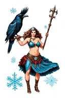 American traditional pin up viking goddess in skirt with plump buttocks holding a staff, raven and snowflakes tattoo design idea