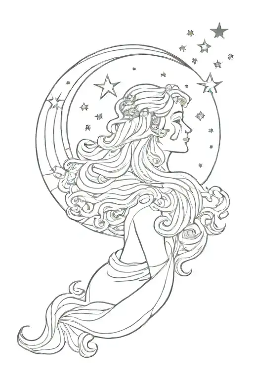 curvy woman on crescent moon with flowy hair blending with a  wavy background and stars  tattoo design idea
