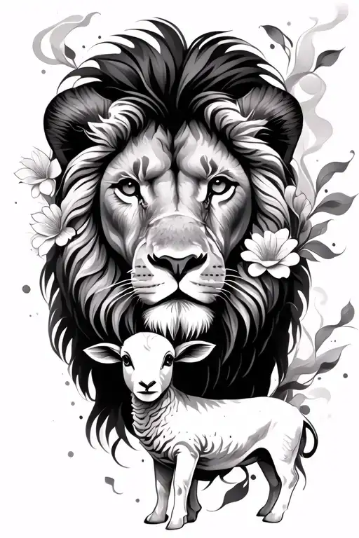 lion and lamb with flowers and smoke tattoo design idea