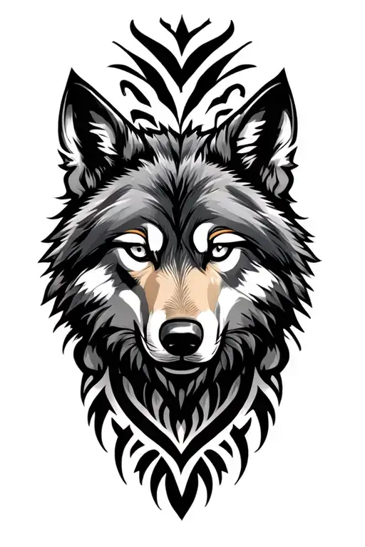  proud, slightly devious — with sharp eyes powerful, masculine alpha wolf in bold Polynesian tribal style. tattoo design idea