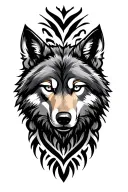  proud, slightly devious — with sharp eyes powerful, masculine alpha wolf in bold Polynesian tribal style. tattoo design idea