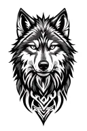  proud, slightly devious — with sharp eyes powerful, masculine alpha wolf in bold Polynesian tribal style. tattoo design idea