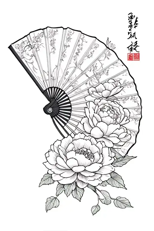 Japanese fan with peonies flower tattoo and roses blooming tattoo design idea
