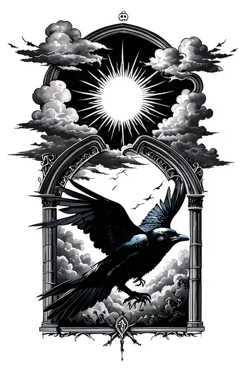 gothic with raven flying under sun with storm clouds, Gothic arch underneath tattoo design idea