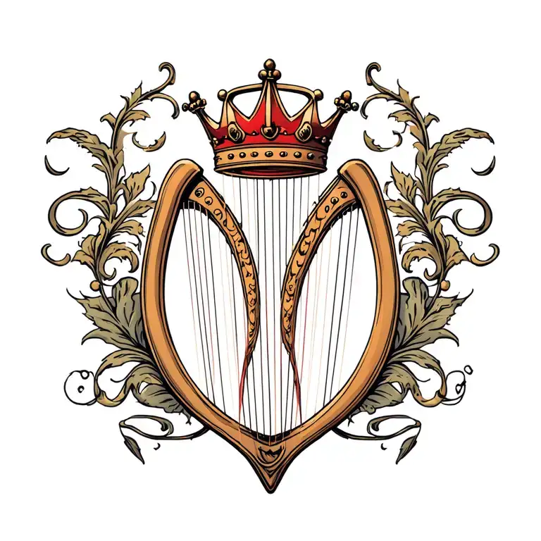 harp with crown hanging tattoo design idea