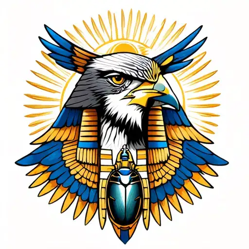 Horus with his falcon head in a Egyptian head surround with gold and blue wings with a scarab and sun imagery incorporat tattoo design idea