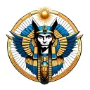 Horus with his falcon head in a Egyptian head surround with gold and blue wings with a scarab and sun imagery incorporat tattoo design idea