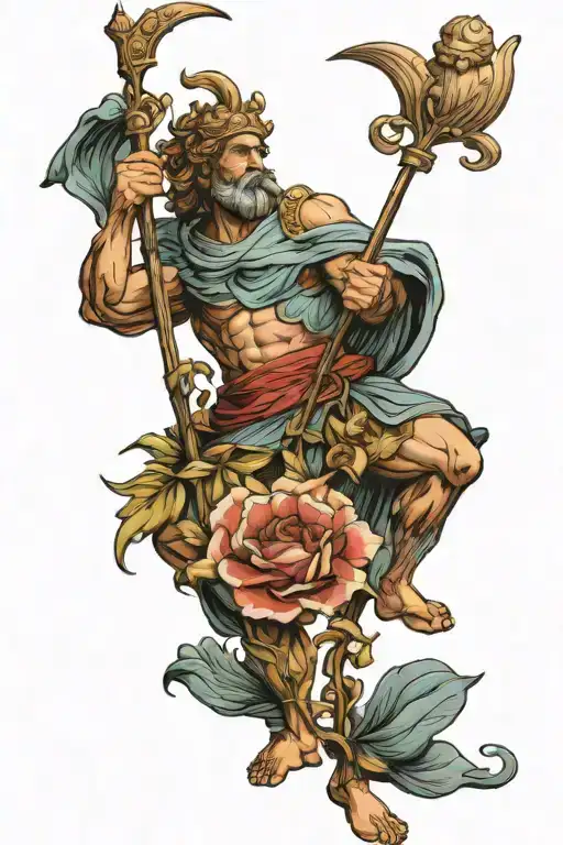 odysseus with spear and floral shirt and spear full body tattoo design idea