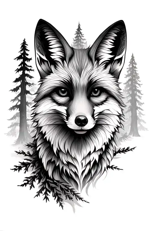 fox face surrounded by forest in black and white tattoo design idea