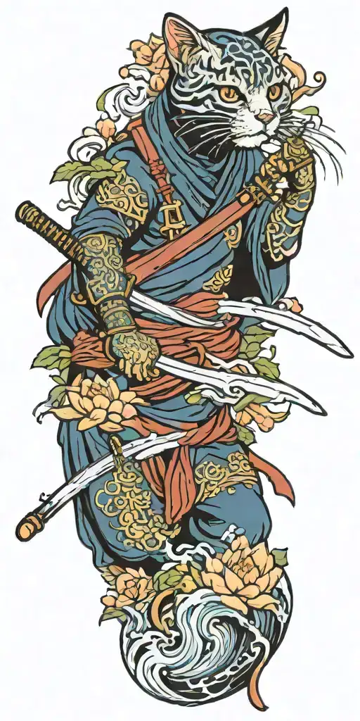 ninja cat holding katana sword, tail, water, waves, lotus, sakura, clouds, whirlpool, leaves, peony tattoo design idea