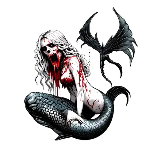 A evil deadly siren mermaid with tail fin and blood in her mouth and black claws and a dead men head in her hand tattoo design idea