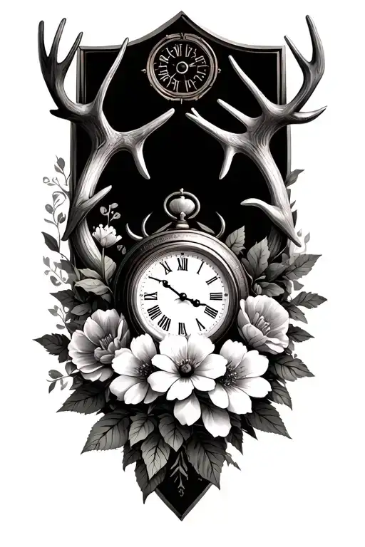 antlers flowers and a clock face tattoo design idea