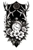 antlers flowers and a clock face tattoo design idea