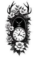 antlers flowers and a clock face tattoo design idea