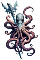 octopus hands holding poseidon while poseidon hands his spear with both hands. tattoo design idea