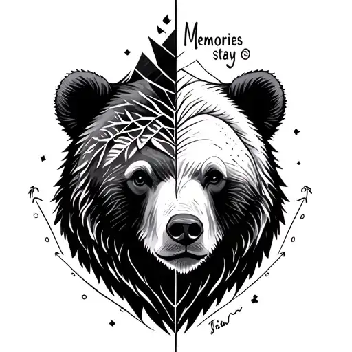 half geometric half normal bear tattoo design combining natural pattern with "memories stay" sentence tattoo design idea