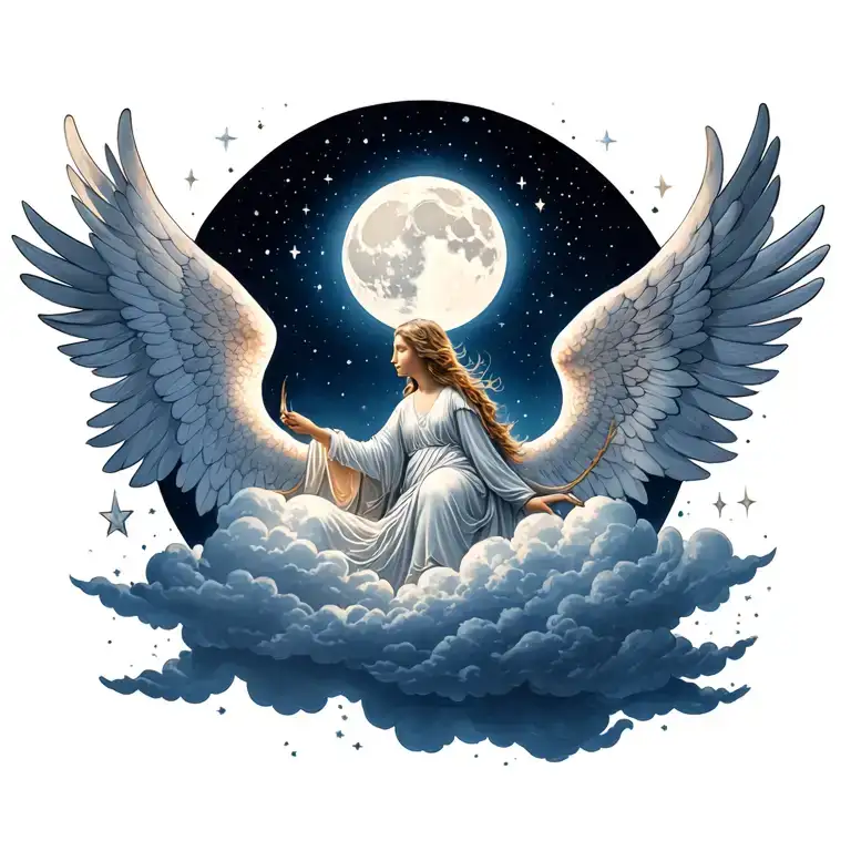 I’d like a full moon tattoo with stars, soft clouds, and a guardian angel. The moon represents calmness and inner streng tattoo design idea