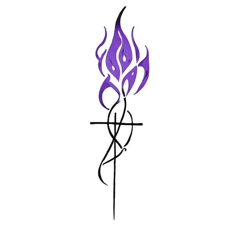 Small black and purple flame with cross intertwined tattoo design idea