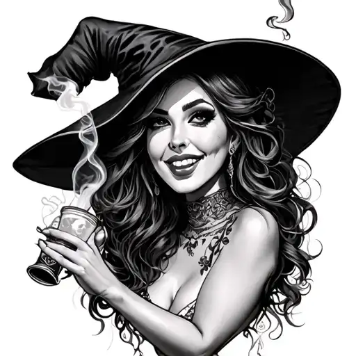 sexy, smoker, beautiful, happy, witch tattoo design idea