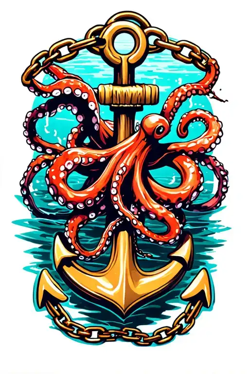 octopus wrapped around anchor in water with broken chain tattoo design idea