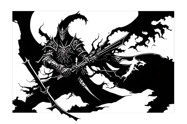 a lonely shadow like warrior in dark forest  tattoo design idea