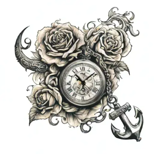 Bass, water, fire, smoke, pocket watch, rose flower, cross, anchor tattoo design idea