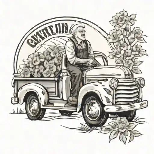 old man in overalls driving an old Chevy truck, flowers intertwined, with "Gatlin" written on the truck  tattoo design idea