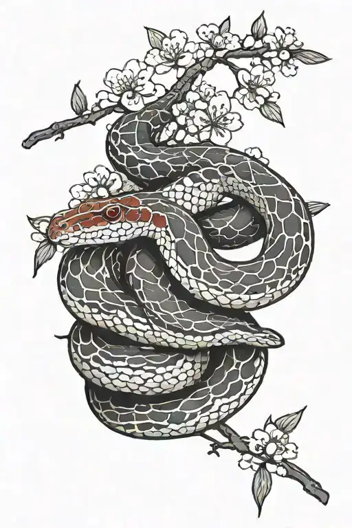A rusty red corn snake and a separate green and black ball python wrapped around a blooming cherry blossom branch tattoo design idea