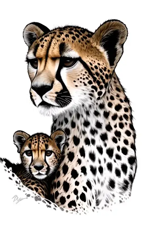 mom cheetah and baby cub faces tattoo design idea