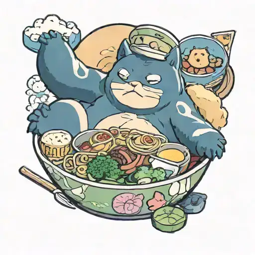 Snorlax in bowl of ramen above him pov surrounded by Japanese food tattoo design idea