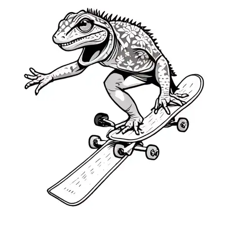 A LIZARD WEARING A COOL SUNFLOWER HAWAIIN SHIRT, DOING A CASPER SLIDE ON A SKATEBOARD tattoo design idea