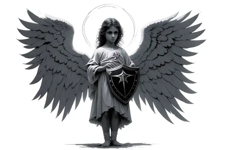 "A young angel standing peacefully with soft, detailed wings and a glowing halo, holding a small shield tattoo design idea