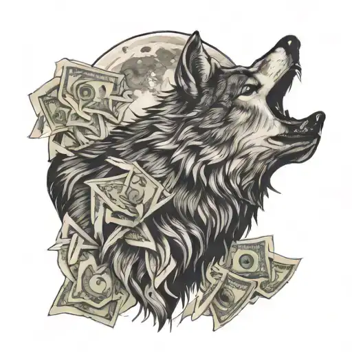 A wolf howling at a full moon made of dollar bills, embodying the desire for freedom and financial success tattoo design idea