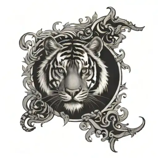 The sun from tangled with a human heart and a tiger  tattoo design idea