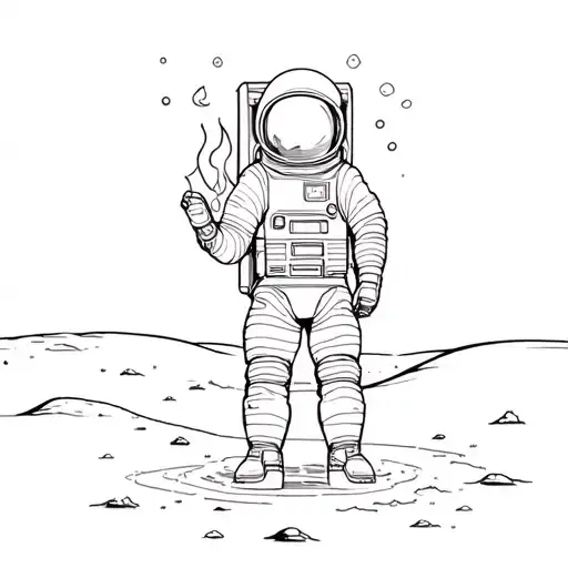 astronaut on moon looking through a file cabinet with fire on his helmet and under his feet tattoo design idea