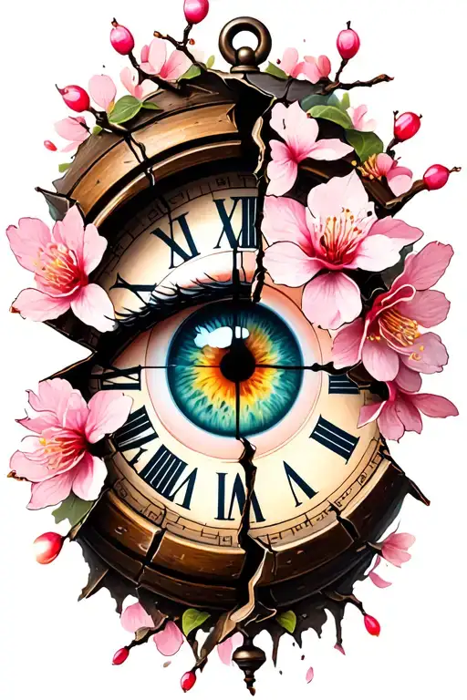 Half -broken clock surrounded by cherry blossom with an eye in the center tattoo design idea