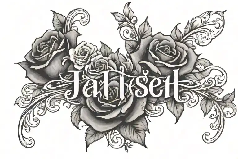the name of Jahseh surrounded by flowers and roses  tattoo design idea