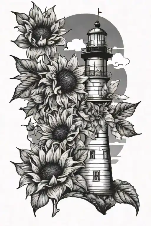 lighthouse with sunflower blooming tattoo design idea