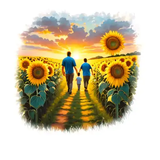 sleeve tattoo of large sunflowers leading into sunflower field with dad and sons walking on path into the sunset  tattoo design idea