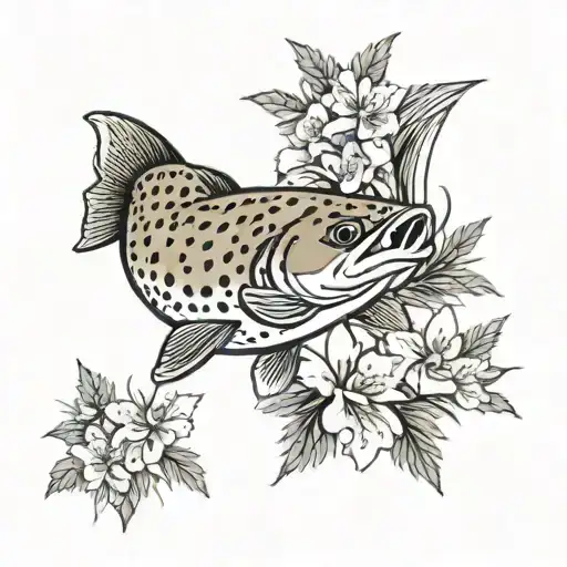 brown trout with pine trees, water, and flowers tattoo design idea