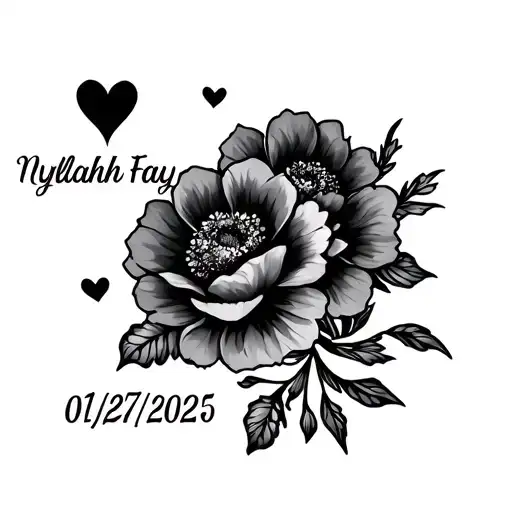 name Nylah Fay Brantley with flowers, hearts date 01/27/2025 tattoo design idea