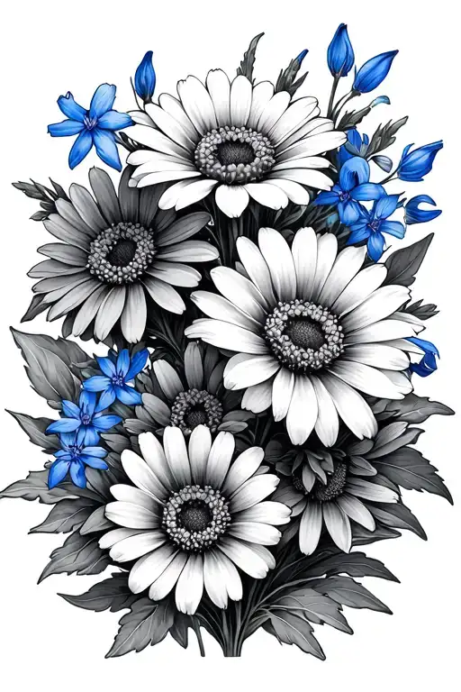 a black and grey bouquet of flannel flowers, blue bells, and marigolds tattoo design idea