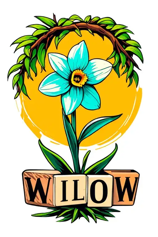 a turquoise daffodil with a willow tree behind it,  building blocks with the name WILLOW  tattoo design idea