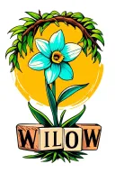 a turquoise daffodil with a willow tree behind it,  building blocks with the name WILLOW  tattoo design idea