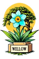a turquoise daffodil with a willow tree behind it,  building blocks with the name WILLOW  tattoo design idea