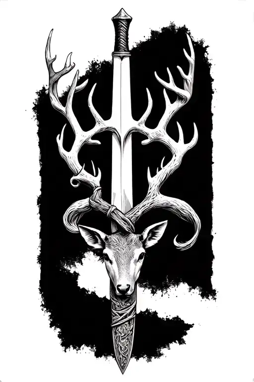 thin swords wrapped  with deer head as the handle  tattoo design idea